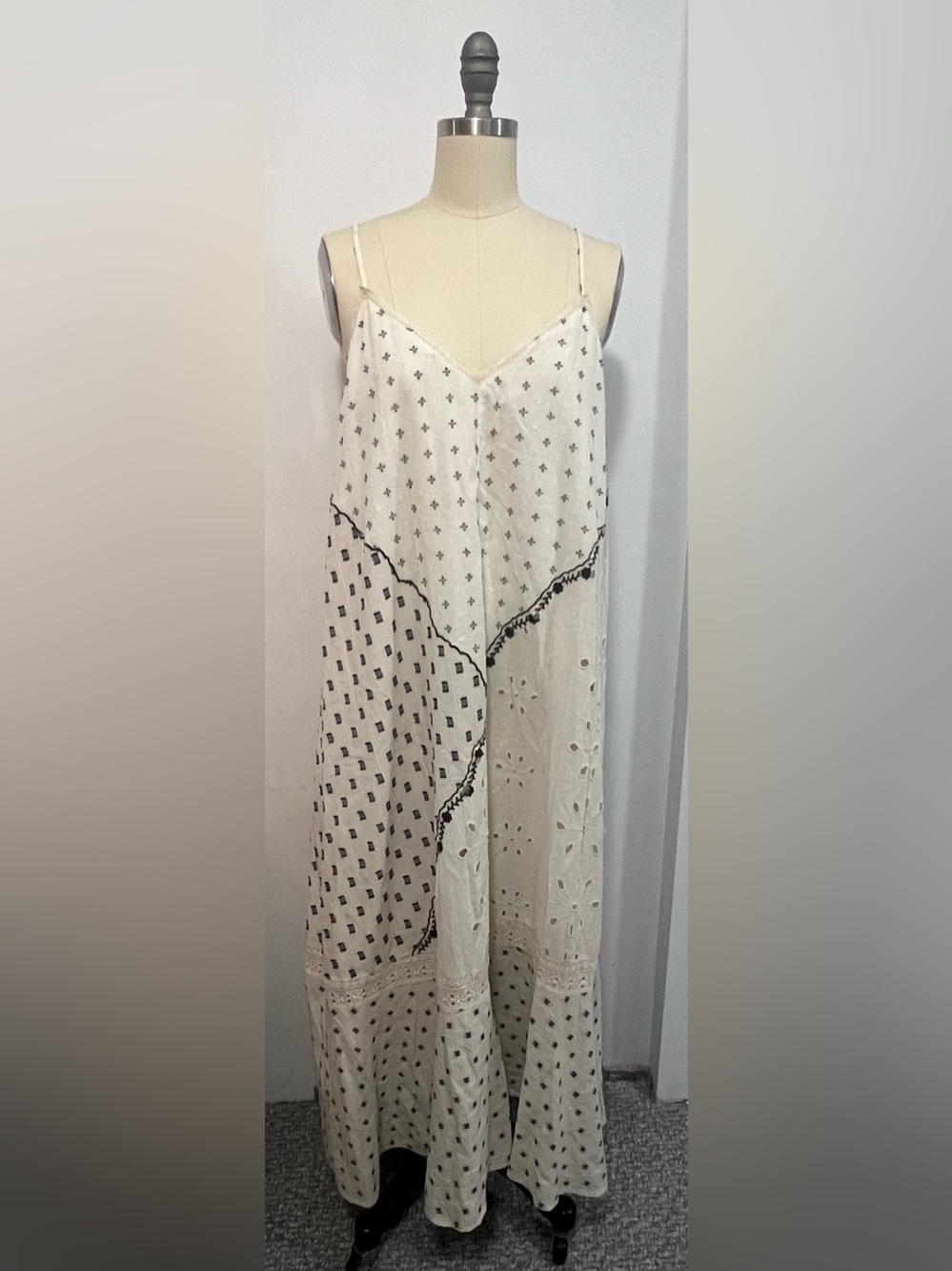Zara Cream Eyelet Patchwork Maxi Slip Dress